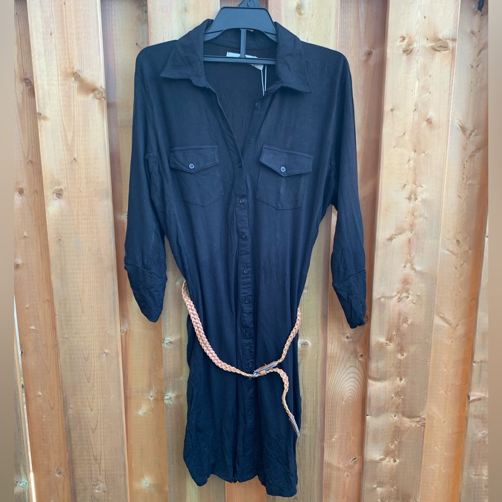 Black Long Sleeve Notched Collar Shirt Dress Large LG NWT - Picture 1 of 7